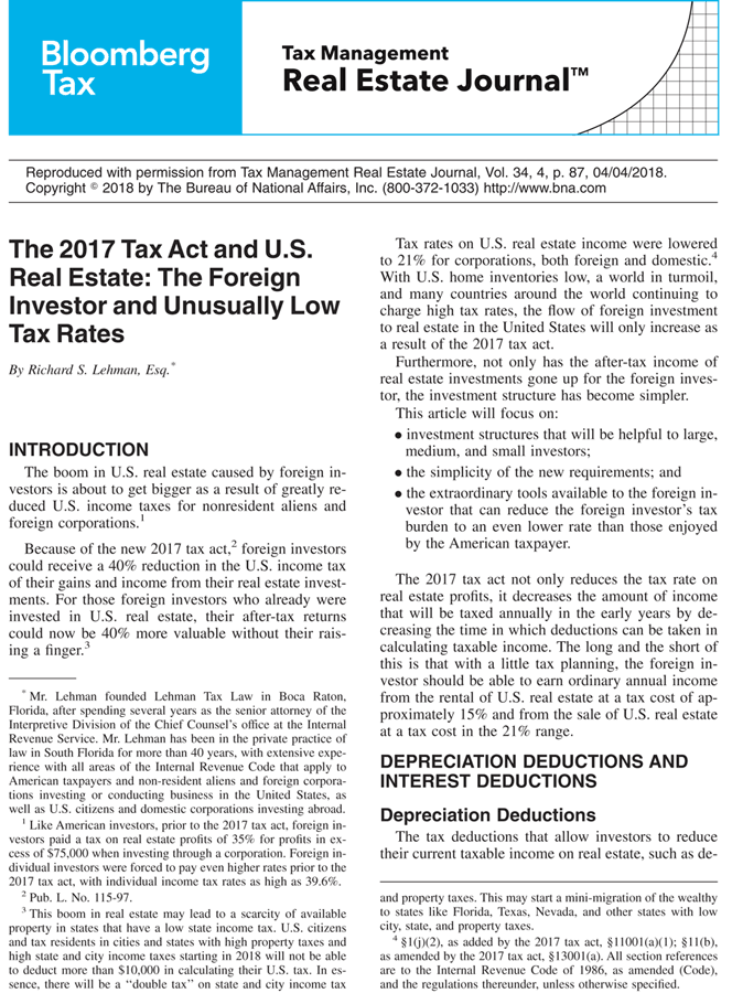 2017 Tax Act and Us Real Estate written by Richard S. Lehman